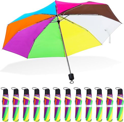 Cunno 12 Pieces Rainbow Umbrella Portable Tri Folded Umbrella 10 Ribs Folding Travel Umbrella Windproof Compact Rainbow Umbrella Collapsible Pride Umbrella for Women Men Kids Rain Travel in Kuwait
