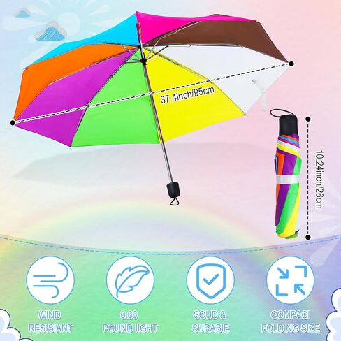 Cunno 12 Pieces Rainbow Umbrella Portable Tri Folded Umbrella 10 Ribs Folding Travel Umbrella Windproof Compact Rainbow Umbrella Collapsible Pride Umbrella for Women Men Kids Rain Travel in Kuwait