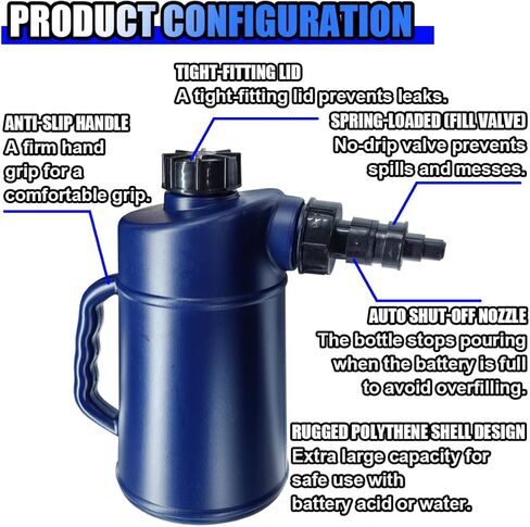 حشو البطارية الثقيلة ، إبريق سائل 2 لتر مع صمام مغلق للسيارات ومقاومة للتنقيط لبطاريات السيارات ، زجاجة حشو مياه بطارية الدورة العميقة للسيارة ، عربة الجولف (الأزرق) in Kuwait