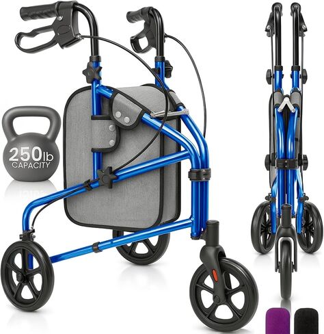 Vive Mobility 3 Wheel Walker - لفة ثلاثية العجلات لكبار السن - وزن خفيف ، قابلة للطي ، ضيقة ، ثقيلة - للنساء المسنات - قابلة للطي ثلاثية ثلاث عجلات مع كيس سلة in Kuwait