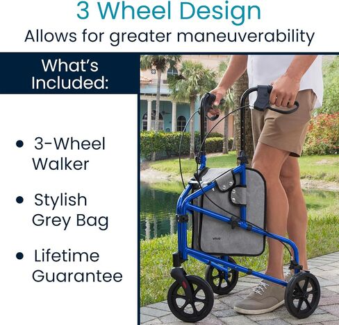 Vive Mobility 3 Wheel Walker - لفة ثلاثية العجلات لكبار السن - وزن خفيف ، قابلة للطي ، ضيقة ، ثقيلة - للنساء المسنات - قابلة للطي ثلاثية ثلاث عجلات مع كيس سلة in Kuwait