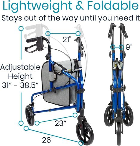 Vive Mobility 3 Wheel Walker - لفة ثلاثية العجلات لكبار السن - وزن خفيف ، قابلة للطي ، ضيقة ، ثقيلة - للنساء المسنات - قابلة للطي ثلاثية ثلاث عجلات مع كيس سلة in Kuwait