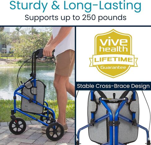 Vive Mobility 3 Wheel Walker - لفة ثلاثية العجلات لكبار السن - وزن خفيف ، قابلة للطي ، ضيقة ، ثقيلة - للنساء المسنات - قابلة للطي ثلاثية ثلاث عجلات مع كيس سلة in Kuwait