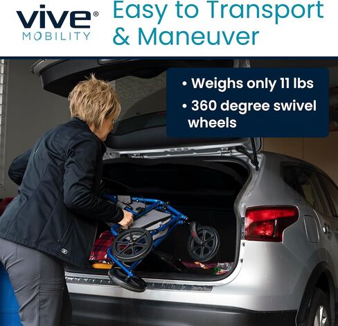 Vive Mobility 3 Wheel Walker - لفة ثلاثية العجلات لكبار السن - وزن خفيف ، قابلة للطي ، ضيقة ، ثقيلة - للنساء المسنات - قابلة للطي ثلاثية ثلاث عجلات مع كيس سلة in Kuwait