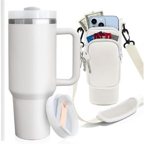 40 oz Stainless Steel Water Bottle Holder with Strap - Vacuum Insulated, Leak-Proof Tumbler with Lid Straw & Handle - Dishwasher Safe, Portable Water Bottle Bag with Carrying Case (Cream) in Saudi Arabia