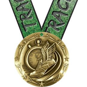 Decade Awards Track & Field World Class Engraved Medal - Gold, Silver or Bronze | 3 Inch Wide Track Medallion with Track & Field V Neck Ribbon - Customize Now in Saudi Arabia