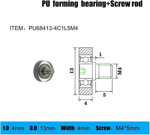 1 Pcs External Thread Polyurethane Molded Bearing PU68413-4C1L5M4 Rubber Coated Guide Wheel(PU68413-4C1L5M4-01) in Saudi Arabia