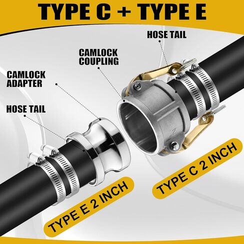 2 مجموعة من تجهيزات Camlock من النوع C & E 2 بوصة كاميرا الألومنيوم والخرطوم للأخدود تشمل مجموعة 2 "قفل كاميرا اقتران الإناث ، 2" محول الذكور ، حشية ، مشابك خرطوم للصناعة in Kuwait