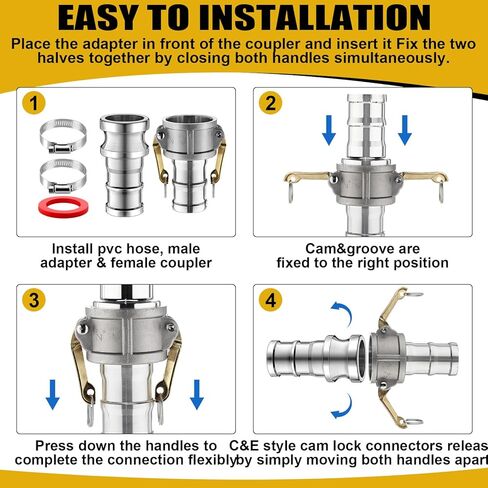 2 مجموعة من تجهيزات Camlock من النوع C & E 2 بوصة كاميرا الألومنيوم والخرطوم للأخدود تشمل مجموعة 2 "قفل كاميرا اقتران الإناث ، 2" محول الذكور ، حشية ، مشابك خرطوم للصناعة in Kuwait
