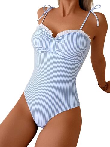 Womens 1 Piece Swimsuits Women's Sexy Tight Lace Holiday Blue and White Striped Casual One-Piece in Saudi Arabia
