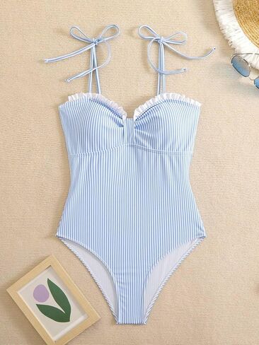Womens 1 Piece Swimsuits Women's Sexy Tight Lace Holiday Blue and White Striped Casual One-Piece in Saudi Arabia