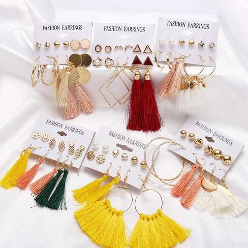 18-32 Pairs Tassel Earrings Set with Colorful Tassel Long Layered Dangle Hoop Tiered Thread Earrings Set for Women Girls Jewelry Fashion and Valentine Birthday Party Gift… in Kuwait