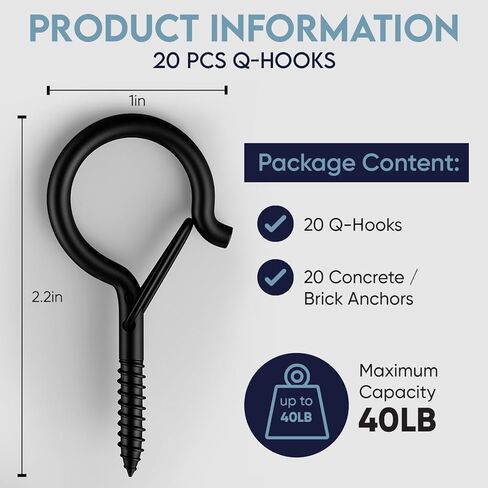 Moneek's Hardware 20 Pack Q Hooks للتعليق - خطاطيف السقف ، شماعات النباتات في الهواء الطلق ، مشبك السلامة ، مقاطع مقاومة للطقس ، عينات المسمار ، خطاطيف ثقيلة لأضواء السلسلة في الهواء الطلق عيد الميلاد in Kuwait