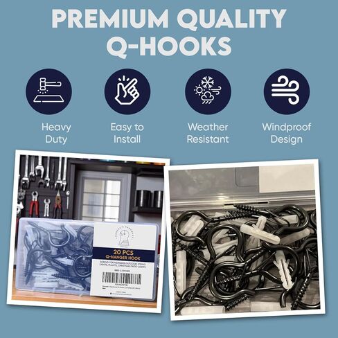 Moneek's Hardware 20 Pack Black Q Hooks for Hanging - Ceiling Hooks, Plant Hangers Outdoor, Safety Buckle, Weatherproof Clips, Screw Eye S, Heavy Duty Hooks for Outdoor String Lights Christmas Hanger in Saudi Arabia