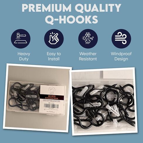 Moneek's Hardware 20 Pack Q Hooks للتعليق - خطاطيف السقف ، شماعات النباتات في الهواء الطلق ، مشبك السلامة ، مقاطع مقاومة للطقس ، عينات المسمار ، خطاطيف ثقيلة لأضواء السلسلة في الهواء الطلق عيد الميلاد in Kuwait