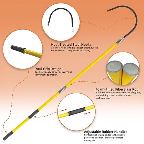 220kV High Voltage Insulated Rescue Hook​​ | ​​Retractable Fiberglass Pole​​ (3.3-9.8FT) | ​​16" Detachable Hook​​ + ​​Storage Bag​​ | ​​Non-Slip Handle​​ for ​​Substation/Fire/Construction(Yellow) in Saudi Arabia