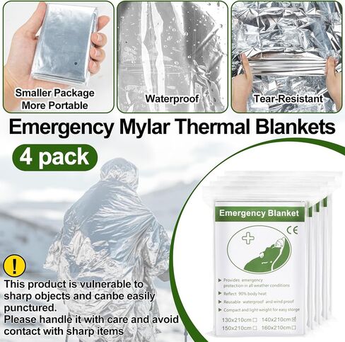 4 Pack Emergency Blanket Mylar - Thermal Space Mylar Blankets First Aid Kit Survival Gear and Supplies Outdoor Perfect for Hiking Car Camping Survival Emergency Kit Silver 55 x 82 Inch in Saudi Arabia