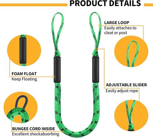 4Pack Boat Bungee Dock Lines with Foam Floats and Loop for Quick Temporary Docking – 4FT Elastic Mooring Ropes for Pontoon, Jon Boat, and Small Vessels ﻿ (Green&Black) in Kuwait