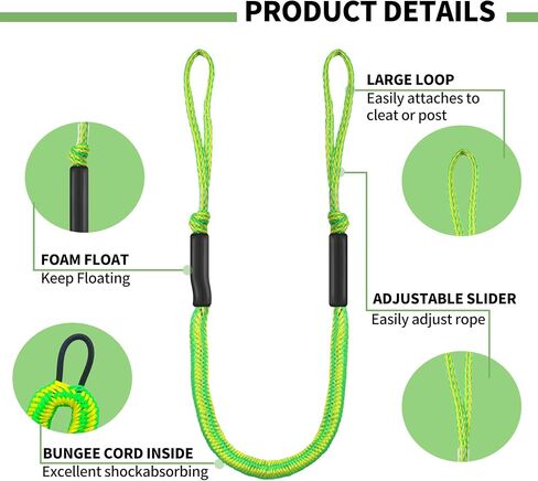 4Pack Boat Bungee Dock Lines with Foam Floats and Loop for Quick Temporary Docking – 4FT Elastic Mooring Ropes for Pontoon, Jon Boat, and Small Vessels ﻿ (Green&Black) in Kuwait