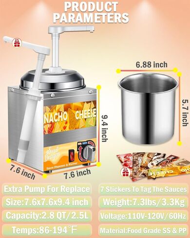 Nacho Cheese Dispenser with Pump, 2.8 Qt Nacho Cheese Warmer, Stainless Steel Hot Fudge Cheese Melter Warmer W/6-Level Temperature Adjustment, Commercial Sauce Dispenser for Butter Syrup Caramel in Saudi Arabia