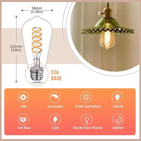 4 - Pack Edison Light Lights 60W مكافئ ، مصابيح مصباح LED عتيقة قابلة للخلط ، قاعدة متوسطة E26 ، ST58 ، 6W ، 600lm ، 2700k ، 80+ CRI ، لمبة خيوط زخرفية عتيقة in Kuwait