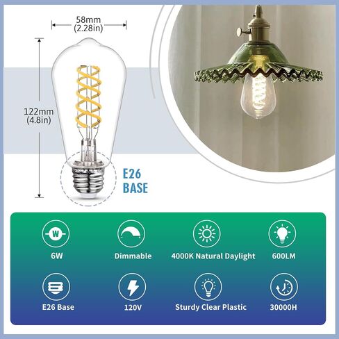4 - Pack Edison Light Lights 60W مكافئ ، مصابيح مصباح LED عتيقة قابلة للخلط ، قاعدة متوسطة E26 ، ST58 ، 6W ، 600lm ، 2700k ، 80+ CRI ، لمبة خيوط زخرفية عتيقة in Saudi Arabia
