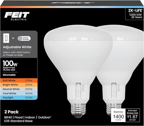 Feit Electric BR40 LED LED لمبة ، 100 واط مكافئة ، قابلة للضايق ، 1400 لومن ، 5 ألوان قابلة للتعديل ، 90+ CRI ، إضاءة غرض عام للفيضانات والمسار ، 25000 ساعة من العمر ، BR40100DM/6WYCA/2 ، 2 عبوة in Kuwait