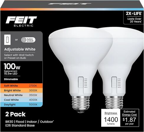 Feit Electric BR40 LED LED لمبة ، 100 واط مكافئة ، قابلة للضايق ، 1400 لومن ، 5 ألوان قابلة للتعديل ، 90+ CRI ، إضاءة غرض عام للفيضانات والمسار ، 25000 ساعة من العمر ، BR40100DM/6WYCA/2 ، 2 عبوة in Kuwait