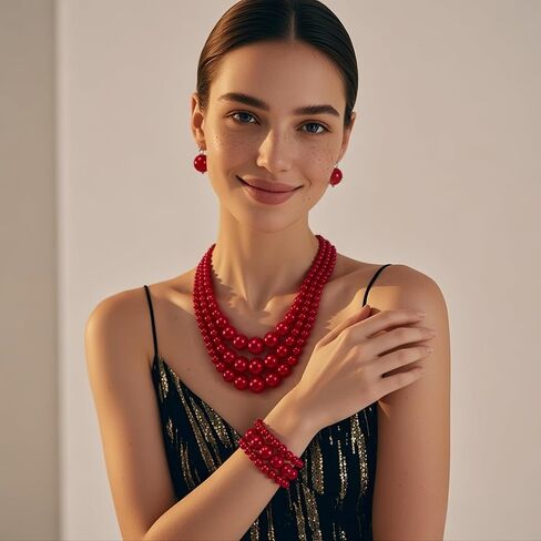 KOSMOS-LI Women's 3 Layer Simulated Pearl Statement 18" Necklace Bracelet and Earrings Jewelry Set in Saudi Arabia
