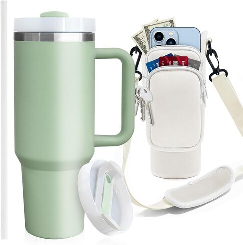 40 oz Stainless Steel Water Bottle Holder with Strap - Vacuum Insulated, Leak-Proof Tumbler with Lid Straw & Handle - Dishwasher Safe, Portable Water Bottle Bag with Carrying Case (Cream) in Saudi Arabia