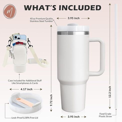 40 oz Stainless Steel Water Bottle Holder with Strap - Vacuum Insulated, Leak-Proof Tumbler with Lid Straw & Handle - Dishwasher Safe, Portable Water Bottle Bag with Carrying Case (Cream) in Saudi Arabia