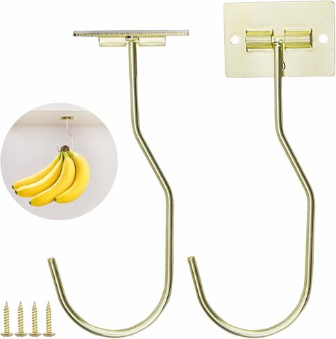 2Pcs Banana Hanger Magnetic Folding for Easy Storage,Banana Hook Under Cabinet Easy to Clean,Metal Banana Holder Two Fixed Methods Convenient and Durable (Gold) in Kuwait