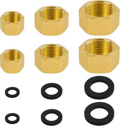 6 PCS Brass Pipe Caps with Rubber Gaskets - Hex Compression End Caps for Gas & Water Lines, Brass Nut Gas line Water line Stop Valve Cap Pipes Plug Plumbing Fit for 1/4 3/4 3/8 Inch Pipe Connection in Kuwait