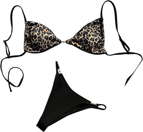 Makemechic Women’s Leopard Print Bikini Set Spaghetti Strap Tie Back String Thong Swimsuits in Saudi Arabia