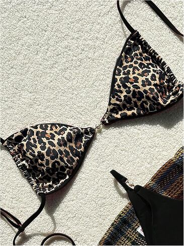 Makemechic Women’s Leopard Print Bikini Set Spaghetti Strap Tie Back String Thong Swimsuits in Saudi Arabia