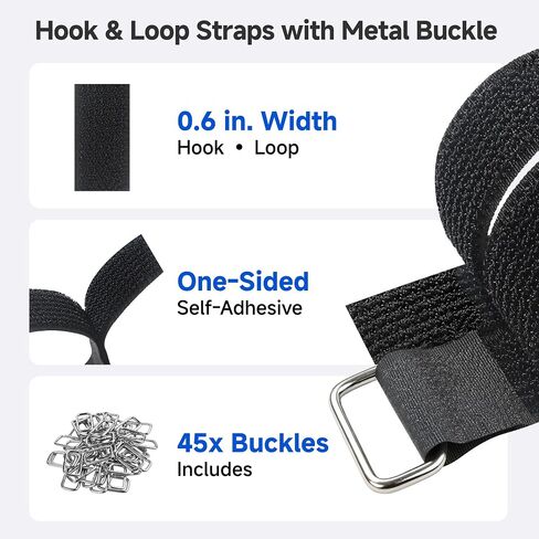 Cable Matters Hook and Loop Straps with Buckle, 30ft Roll with 45 Metal Buckles, 0.6 Inch Wide Adjustable Cable Straps, Black in Saudi Arabia