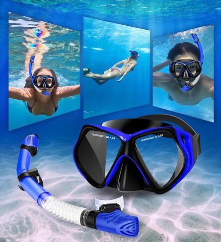 Snorkeling Gear for Adults Set & Dry Snorkel Set, 180° Panoramic Wide View Scuba Mask and Snorkel, Leak Proof Anti-Fog Swim Diving Mask for, Snorkeling, Swimming, Diving(Black Blue) in Saudi Arabia