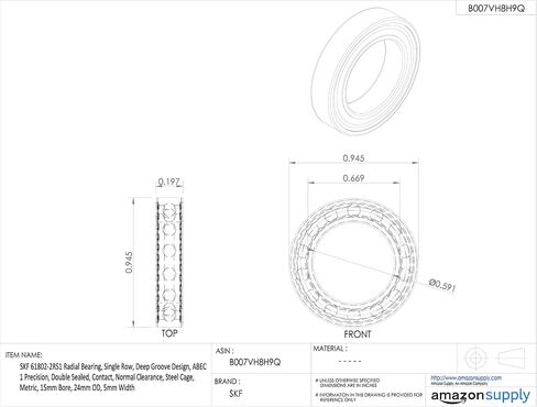 SKF 61802-2RS1 Radial Bearing, Single Row, Deep Groove Design, ABEC 1 Precision, Double Sealed, Contact, Normal Clearance, Steel Cage, Metric, 15mm Bore, 24mm OD, 5mm Width in Saudi Arabia