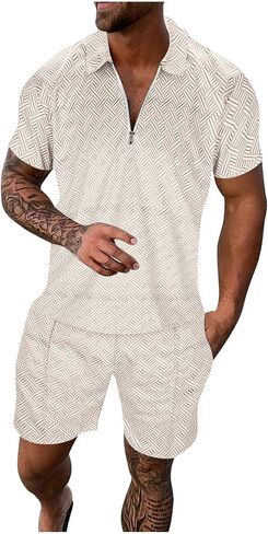 Mens Track Suits 2 Piece Set Shorts Zipper Short Sleeve Tops and Drawstring Shorts with Pockets Casual Shorts Set in Kuwait