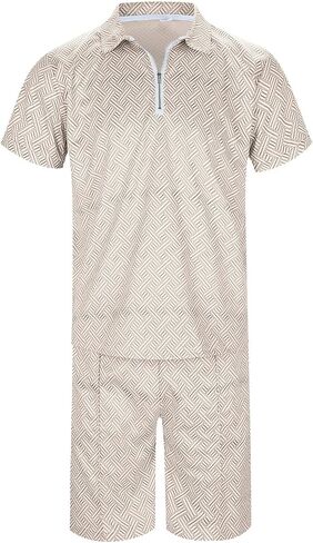 Mens Track Suits 2 Piece Set Shorts Zipper Short Sleeve Tops and Drawstring Shorts with Pockets Casual Shorts Set in Kuwait
