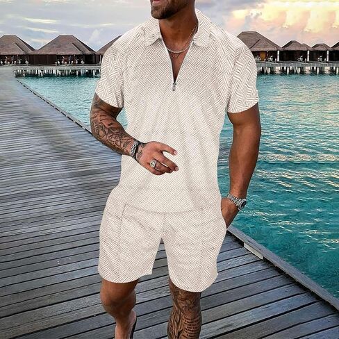 Mens Track Suits 2 Piece Set Shorts Zipper Short Sleeve Tops and Drawstring Shorts with Pockets Casual Shorts Set in Kuwait