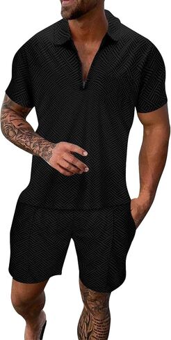 Mens Track Suits 2 Piece Set Shorts Zipper Short Sleeve Tops and Drawstring Shorts with Pockets Casual Shorts Set in Kuwait