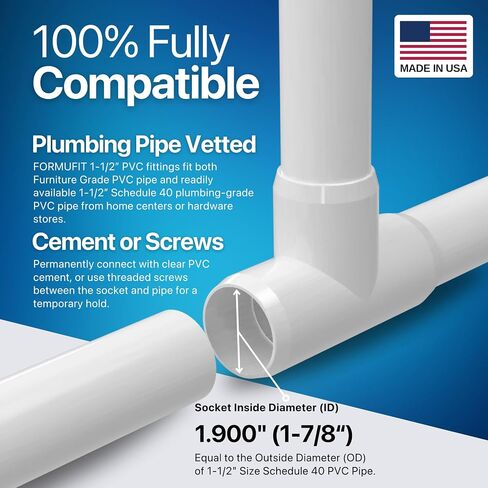 Formufit 1-1/2 "Tee Furniture Grade PVC Fitting باللون الأبيض ، مصنوعًا في الولايات المتحدة الأمريكية ، مقاومة للأشعة فوق البنفسجية ، مقاومة للتأثير ، 1.900" قطر المقبس الفعلي (حزمة 4)-F112Tee-WH-4 in Kuwait