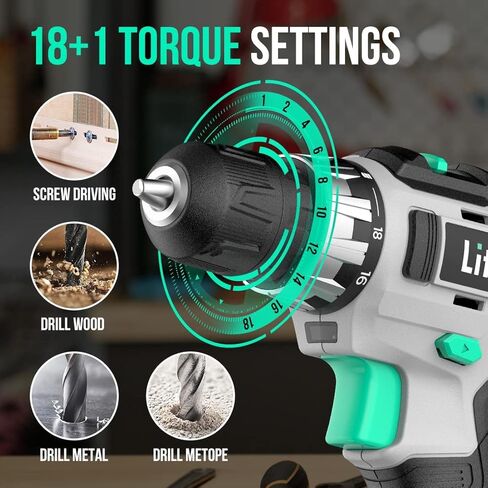 Litheli Cordless Drill Set, 20V Max Power Drill Cordless Set, 3/8" Keyless Chuck, 18+1 Torque Settings, Variable Speed, w/ 2.0 Ah Battery and 1 Hour Fast Charger Included in Saudi Arabia