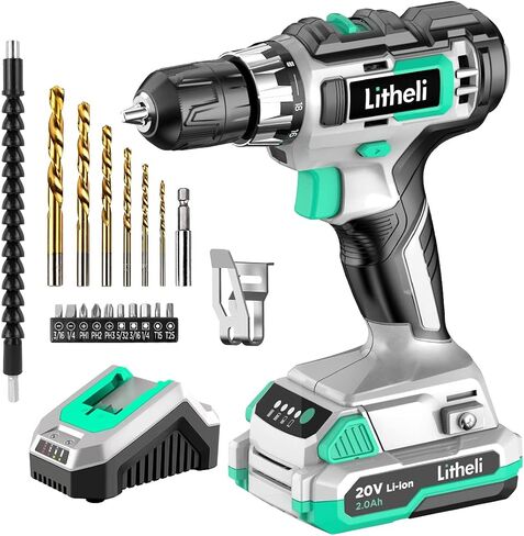 Litheli Cordless Drill Set, 20V Max Power Drill Cordless Set, 3/8" Keyless Chuck, 18+1 Torque Settings, Variable Speed, w/ 2.0 Ah Battery and 1 Hour Fast Charger Included in Saudi Arabia