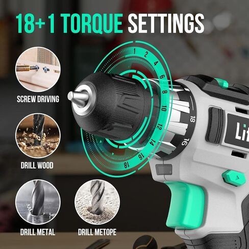 Litheli Cordless Drill Set, 20V Max Power Drill Cordless Set, 3/8" Keyless Chuck, 18+1 Torque Settings, Variable Speed, w/ 2.0 Ah Battery and 1 Hour Fast Charger Included in Saudi Arabia