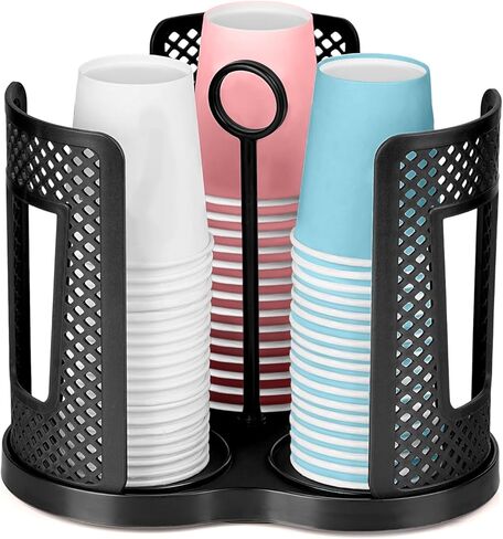 Rotating Coffee Cup Dispenser, Paper Cup Holder with 3 Compartments, Disposable Cups & Lid Holder Organizer with Handle for Countertops,Home,Kitchen,Coffee Stations in Saudi Arabia