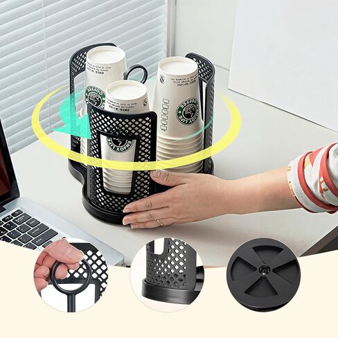 Rotating Coffee Cup Dispenser, Paper Cup Holder with 3 Compartments, Disposable Cups & Lid Holder Organizer with Handle for Countertops,Home,Kitchen,Coffee Stations in Saudi Arabia