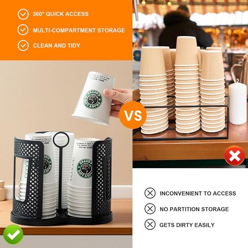 Rotating Coffee Cup Dispenser, Paper Cup Holder with 3 Compartments, Disposable Cups & Lid Holder Organizer with Handle for Countertops,Home,Kitchen,Coffee Stations in Saudi Arabia