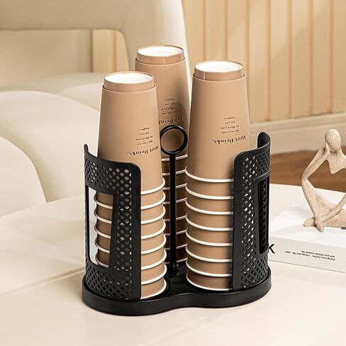 Rotating Coffee Cup Dispenser, Paper Cup Holder with 3 Compartments, Disposable Cups & Lid Holder Organizer with Handle for Countertops,Home,Kitchen,Coffee Stations in Saudi Arabia